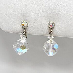 Laguna Silver Tone AB Crystal Dangle Bead Clip On Earrings Vintage